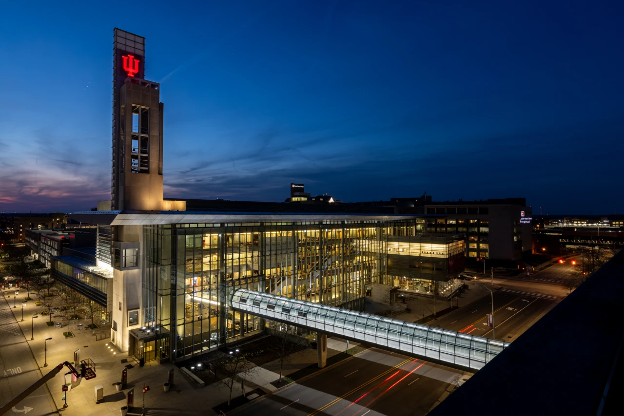 Nighttime view of the IU Indianapolis campus